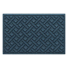 Overhead of a WaterHog modern indoor/outdoor door mat with a relaxed blue interwoven diagonal lines pattern.