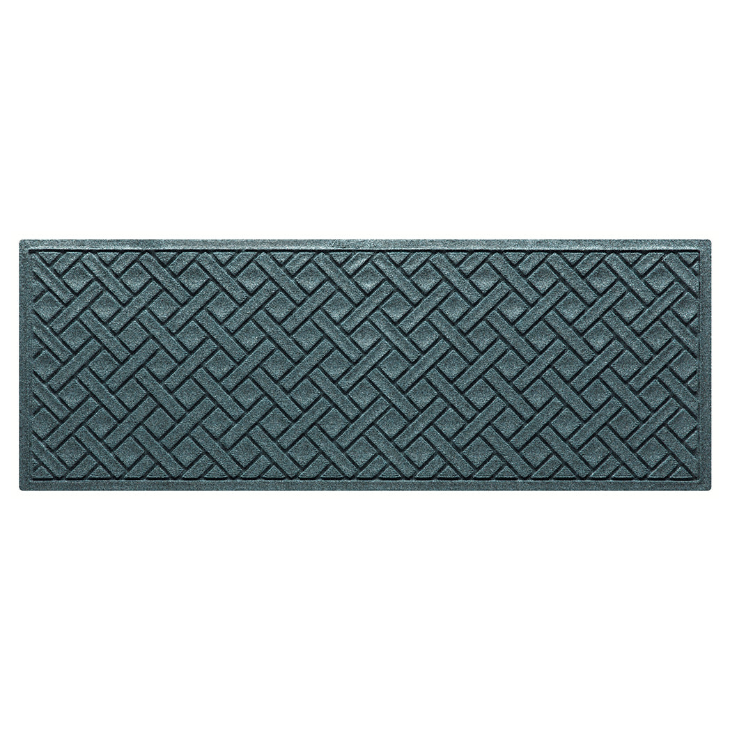 Premium WaterHog 2x5 outdoor runner in a light blue/grey interwoven diagonal lines pattern.