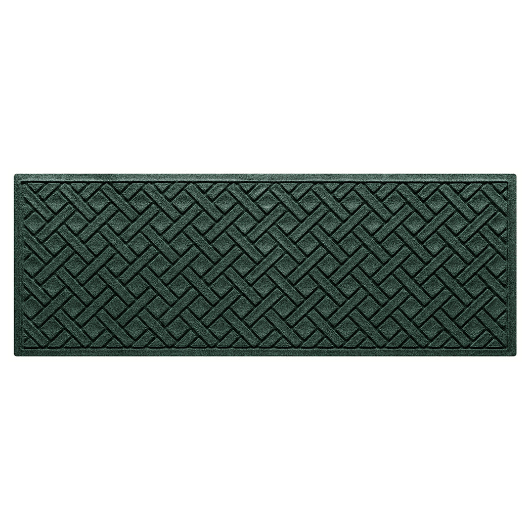 A Lattice WaterHog small runner with a deep green interwoven diagonal lines design; an American-made mat.