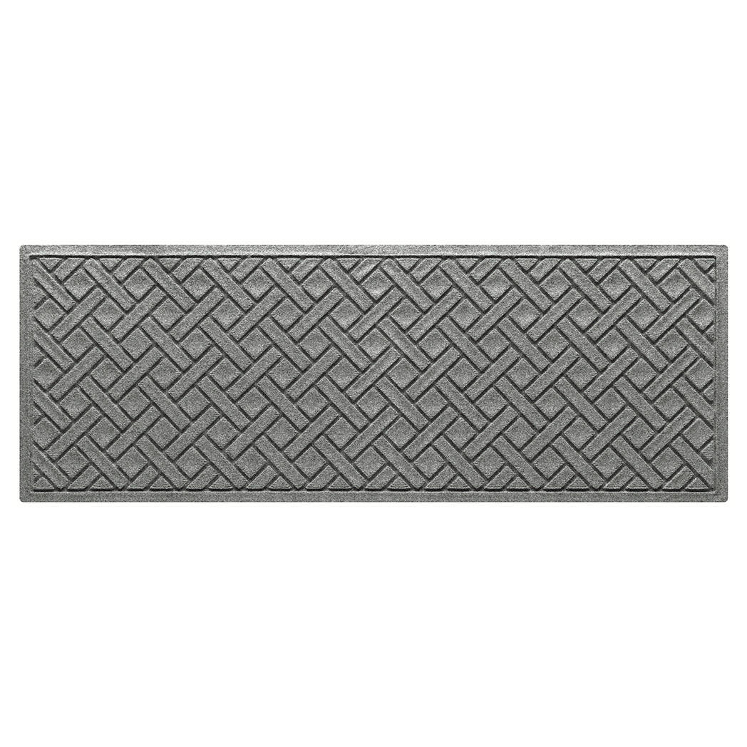 A WaterHog 2x5 indoor/outdoor luxury runner in a light grey interwoven diagonal lines pattern.