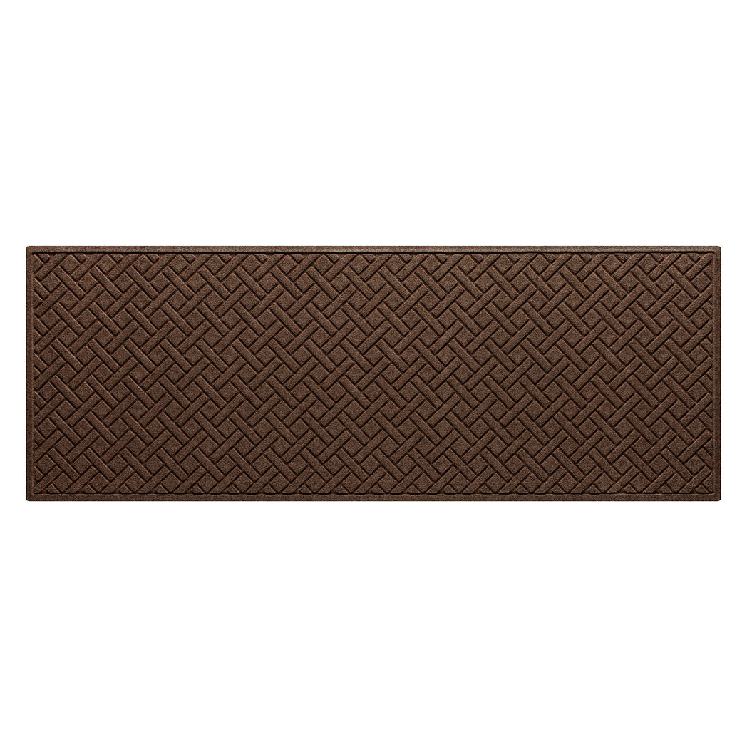 A Lattice WaterHog 3x8 all-weather runner in a dark earthy brown interwoven diagonal lines pattern.