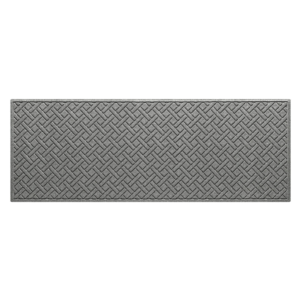 WaterHog 3x8 indoor/outdoor luxury runner in a light grey surface, and durable rubber backing.