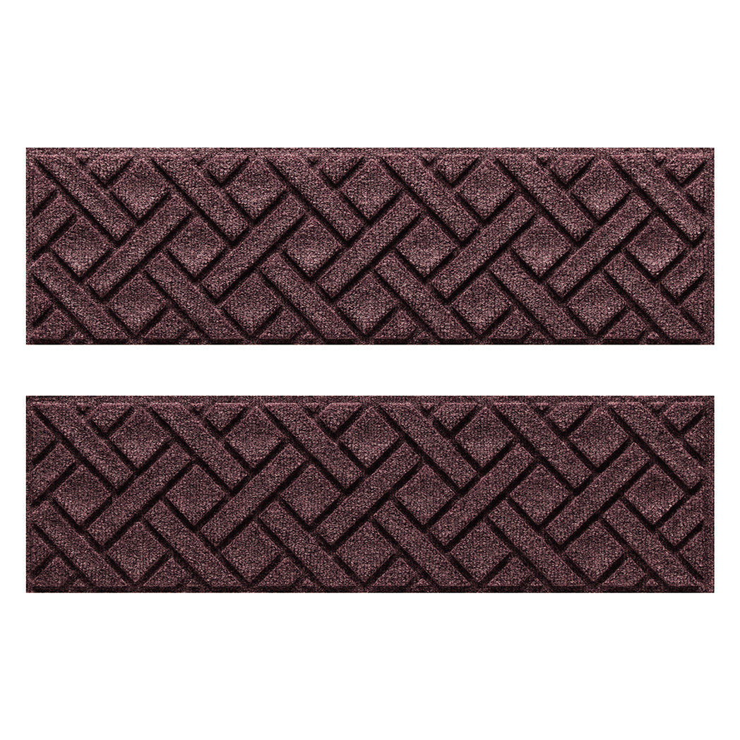 Two WaterHog Lattice water-resistant stair treads with a deep wine red eco-friendly surface.