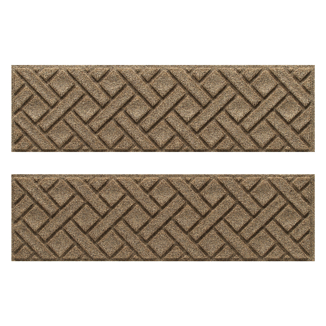 Pair of WaterHog Lattice indoor/outdoor stair treads in a light tan surface, and durable rubber backing.