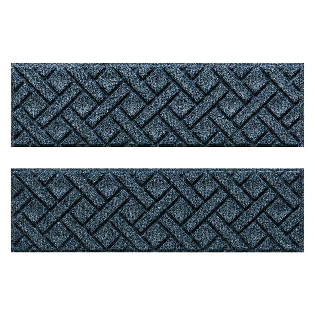 Quality WaterHog Lattice outdoor stair treads with a relaxed blue interwoven diagonal lines pattern.