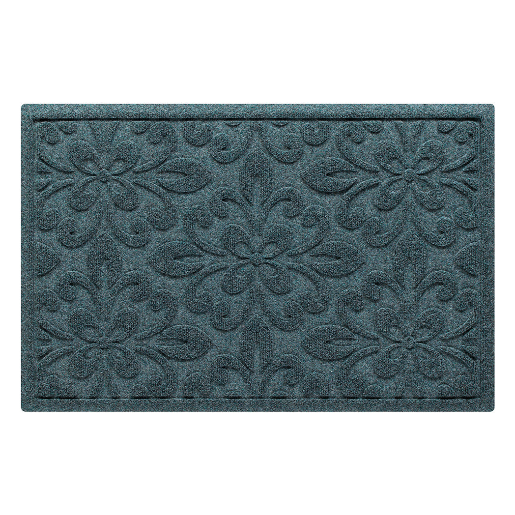 WaterHog Phoenix 2x3 indoor/outdoor doormat in blue/grey, featuring a quad pedal floral design, displayed on a white background.