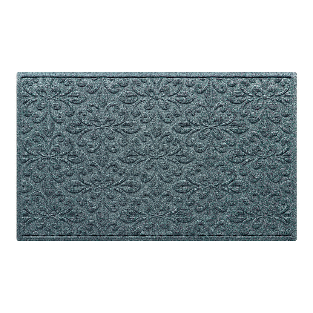 WaterHog Phoenix 3x5 indoor/outdoor doormat in blue/grey, featuring a quad pedal floral design, displayed on a white background.