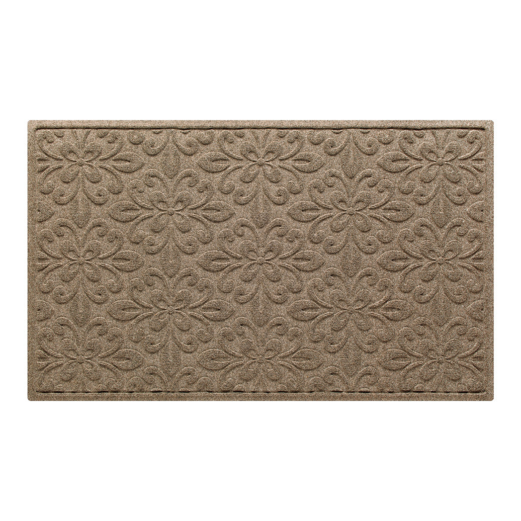 WaterHog Phoenix 3x5 indoor/outdoor doormat in tan, featuring a quad pedal floral design, displayed on a white background.