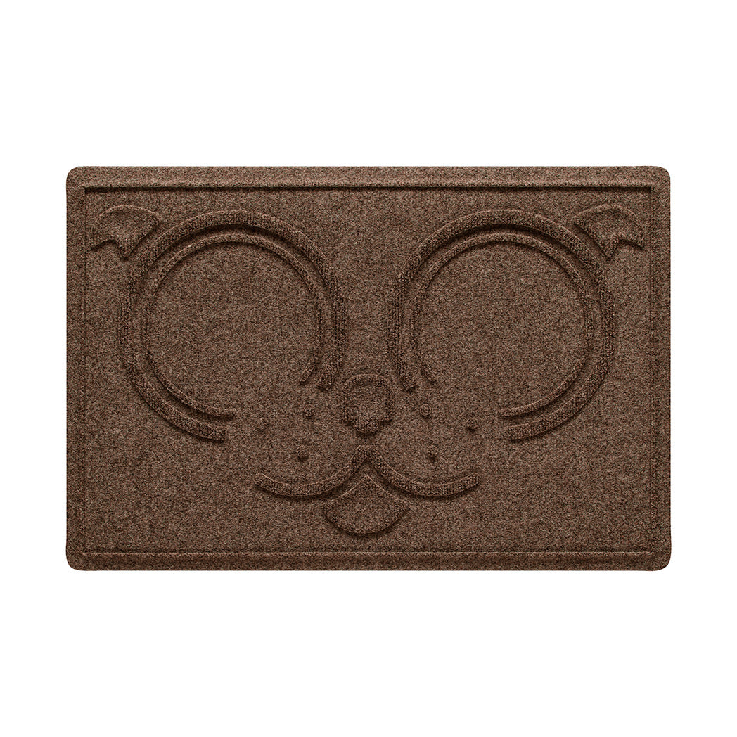 A large WaterHog Puppy Face bowl mat overhead, with a dark earthy brown, fast-drying surface; an American-made mat.