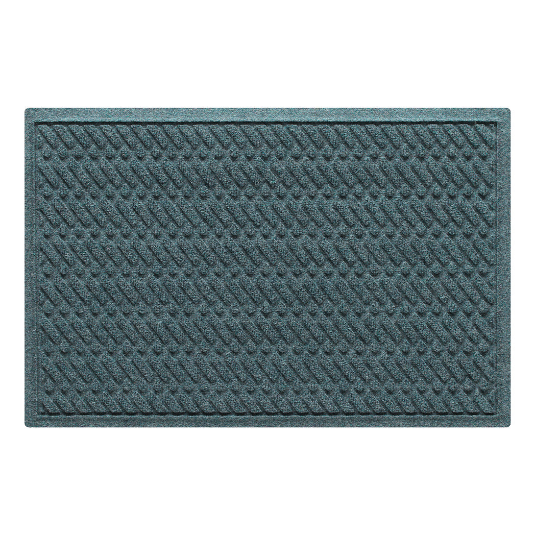 Premium WaterHog 2x3 outdoor doormat in a blue/grey diagonal design, stain-resistant surface, and durable rubber backing.