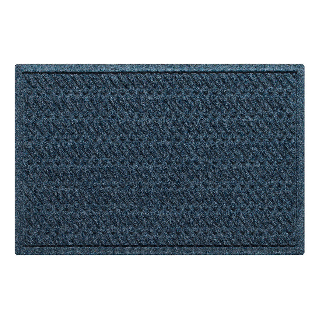 Quality WaterHog medium outdoor door mat with a relaxed blue diagonal design, fade-resistant, rugged surface.