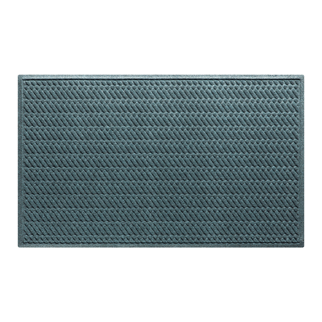 Premium WaterHog outdoor doormat in a light blue/grey diagonal design, stain-resistant surface, and durable rubber backing.