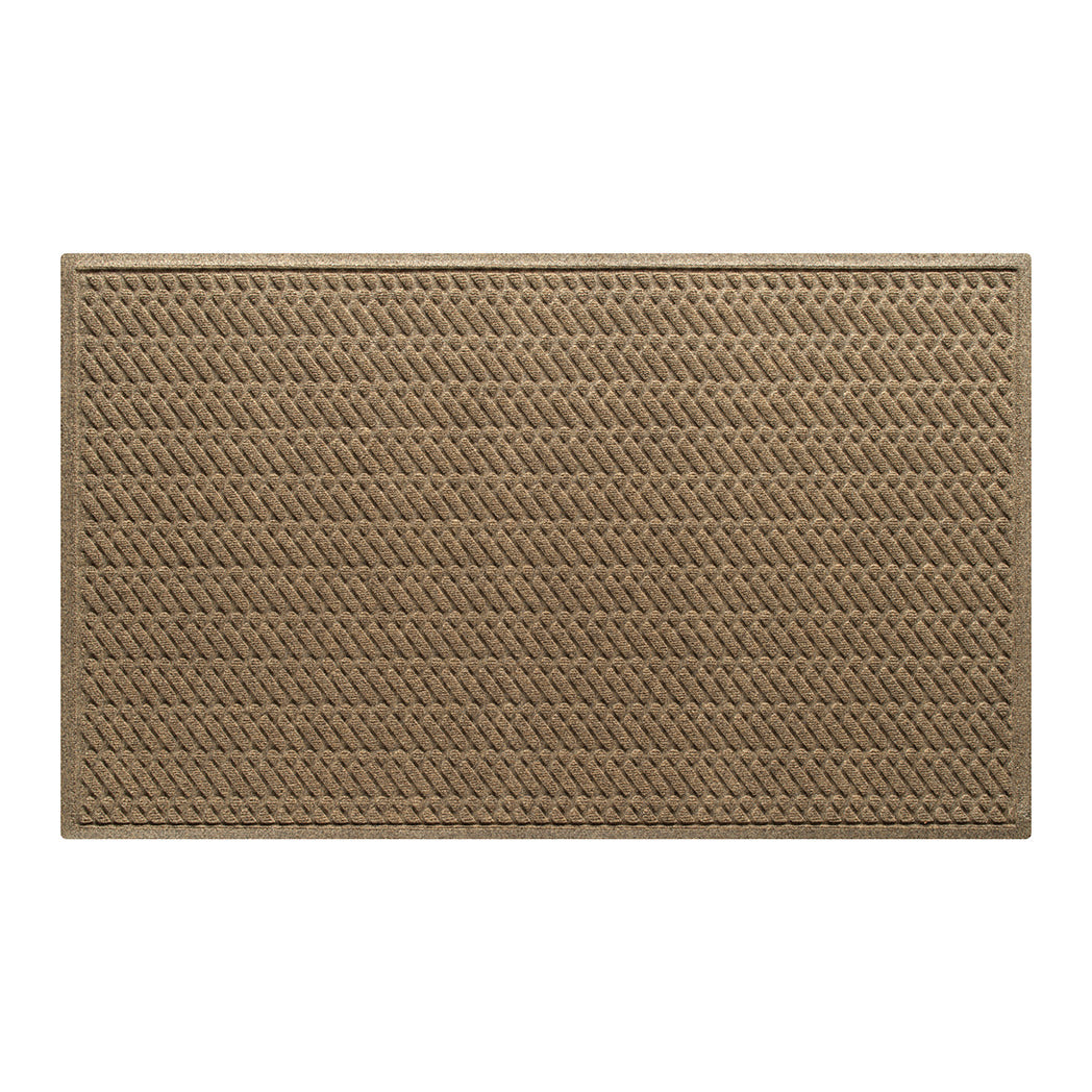 Genuine WaterHog 3x5 indoor/outdoor doormat in a light tan diagonal bi-level design on an eco-friendly PET surface, and durable rubber backing.