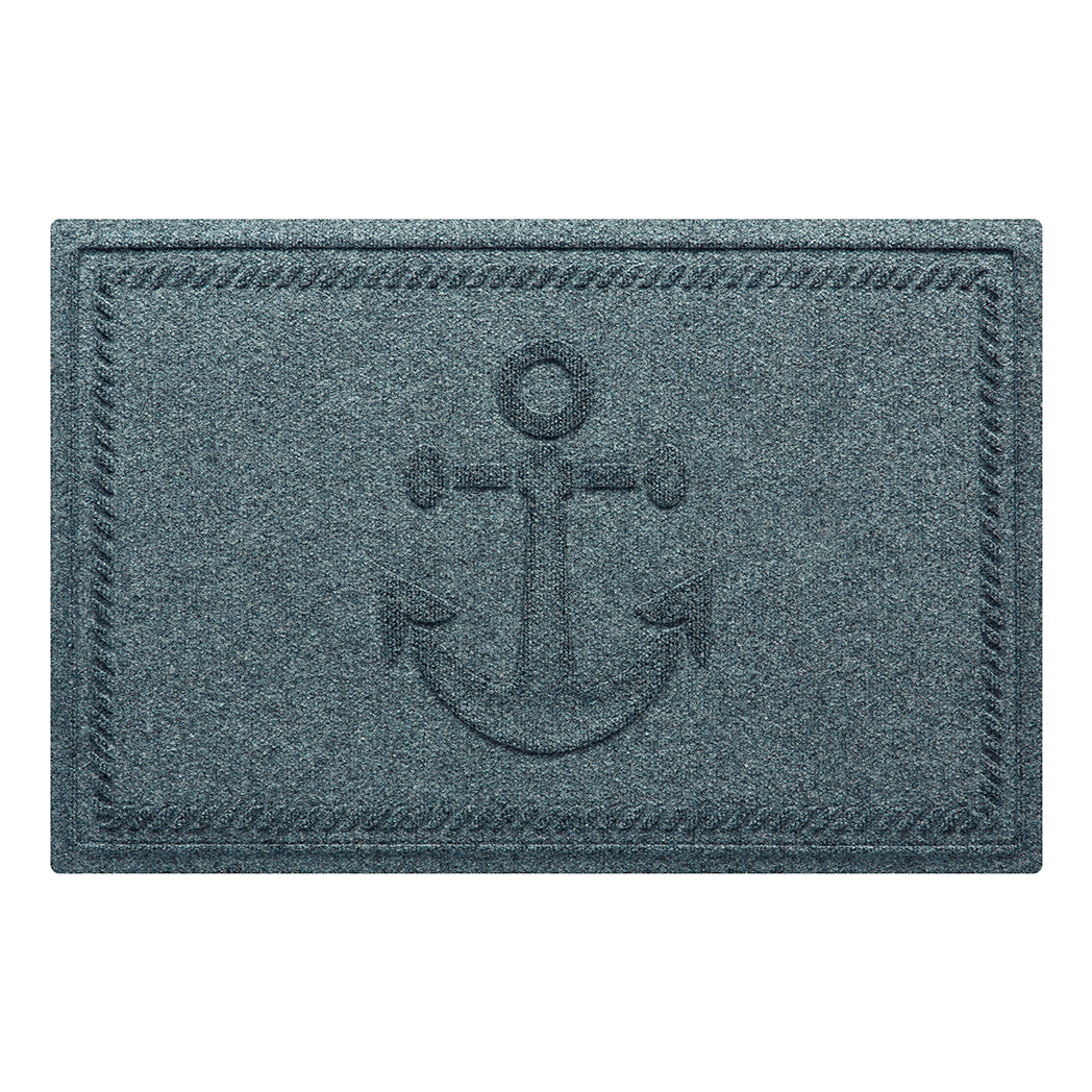 WaterHog Ship's Anchor all-weather doormat in blue/grey, featuring a raised anchor design in the center with a decorative rope like border, displayed on a white background. 