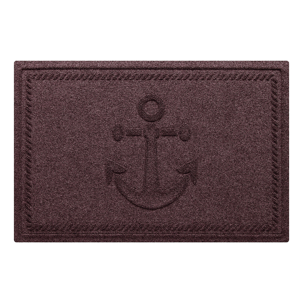 WaterHog Ship's Anchor all-weather doormat in a maroon, featuring a raised anchor design in the center with a decorative rope like border, displayed on a white background. 