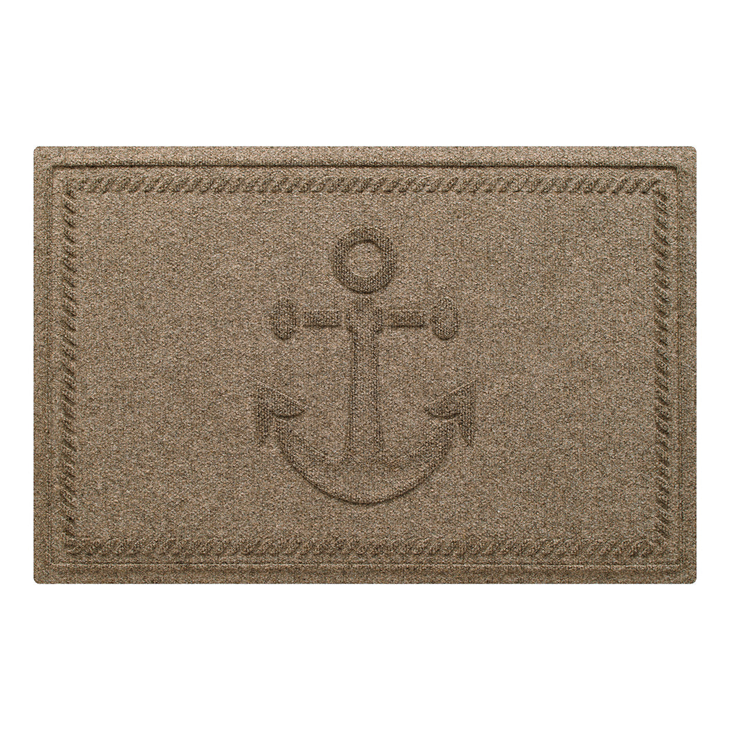 WaterHog Ship's Anchor all-weather doormat in light tan, featuring a raised anchor design in the center with a decorative rope like border, displayed on a white background. 