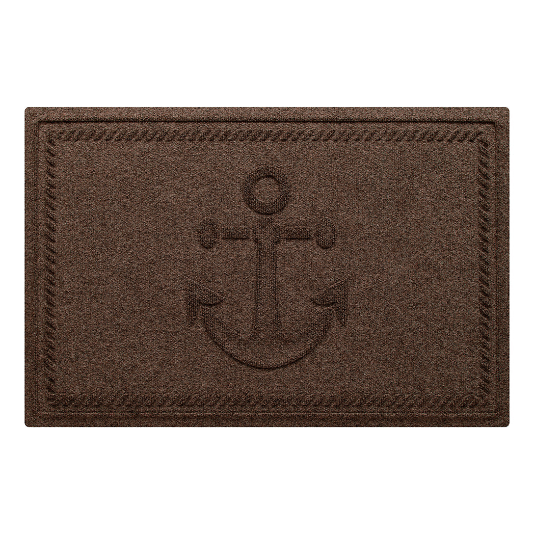 WaterHog Ship's Anchor all-weather doormat in a dark brown, featuring a raised anchor design in the center with a decorative rope like border, displayed on a white background.