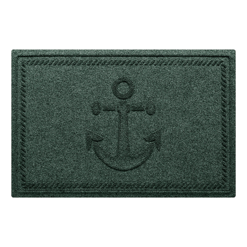 WaterHog Ship's Anchor all-weather doormat in a deep green, featuring a raised anchor design in the center with a decorative rope like border, displayed on a white background. 