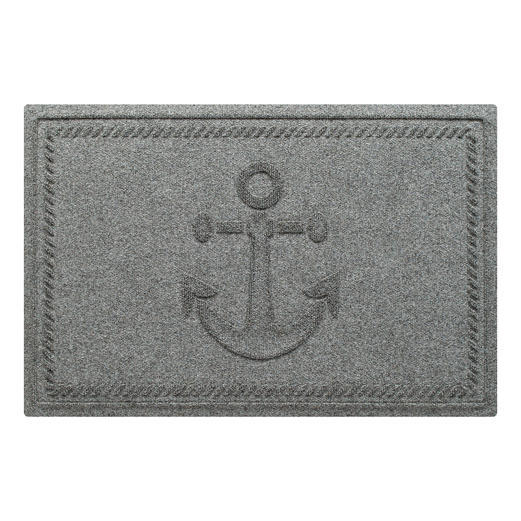 WaterHog Ship's Anchor all-weather doormat in light grey, featuring a raised anchor design in the center with a decorative rope like border, displayed on a white background. 