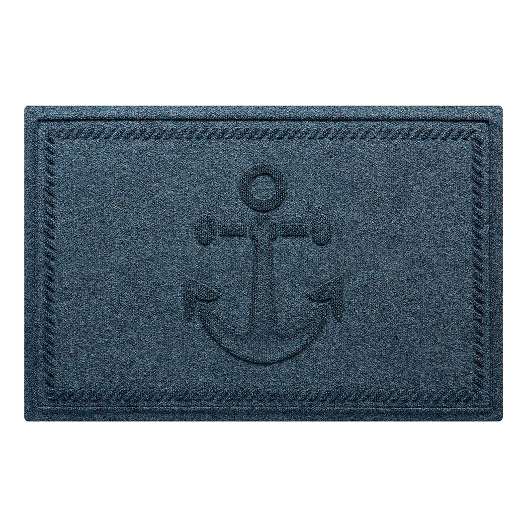 WaterHog Ship's Anchor all-weather doormat in navy blue, featuring a raised anchor design in the center with a decorative rope like border, displayed on a white background. 