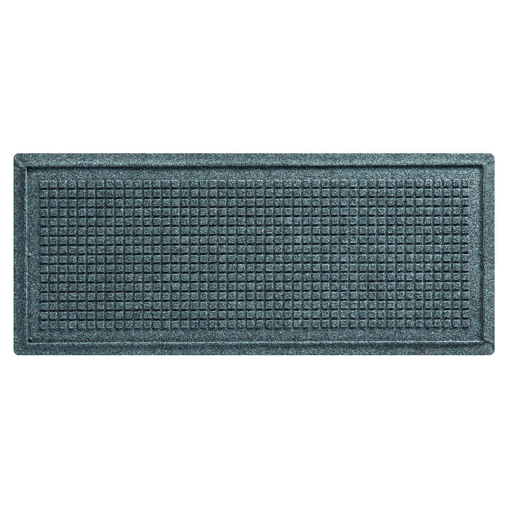 Overhead of a WaterHog mat for boots and shows in a light blue/grey/green surface and uniform grid pattern.
