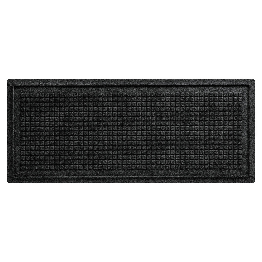 Overhead of a WaterHog tradtional Squares patterened boot tray mat with a deep grey, eco-friendly PET surface and rubber backing.