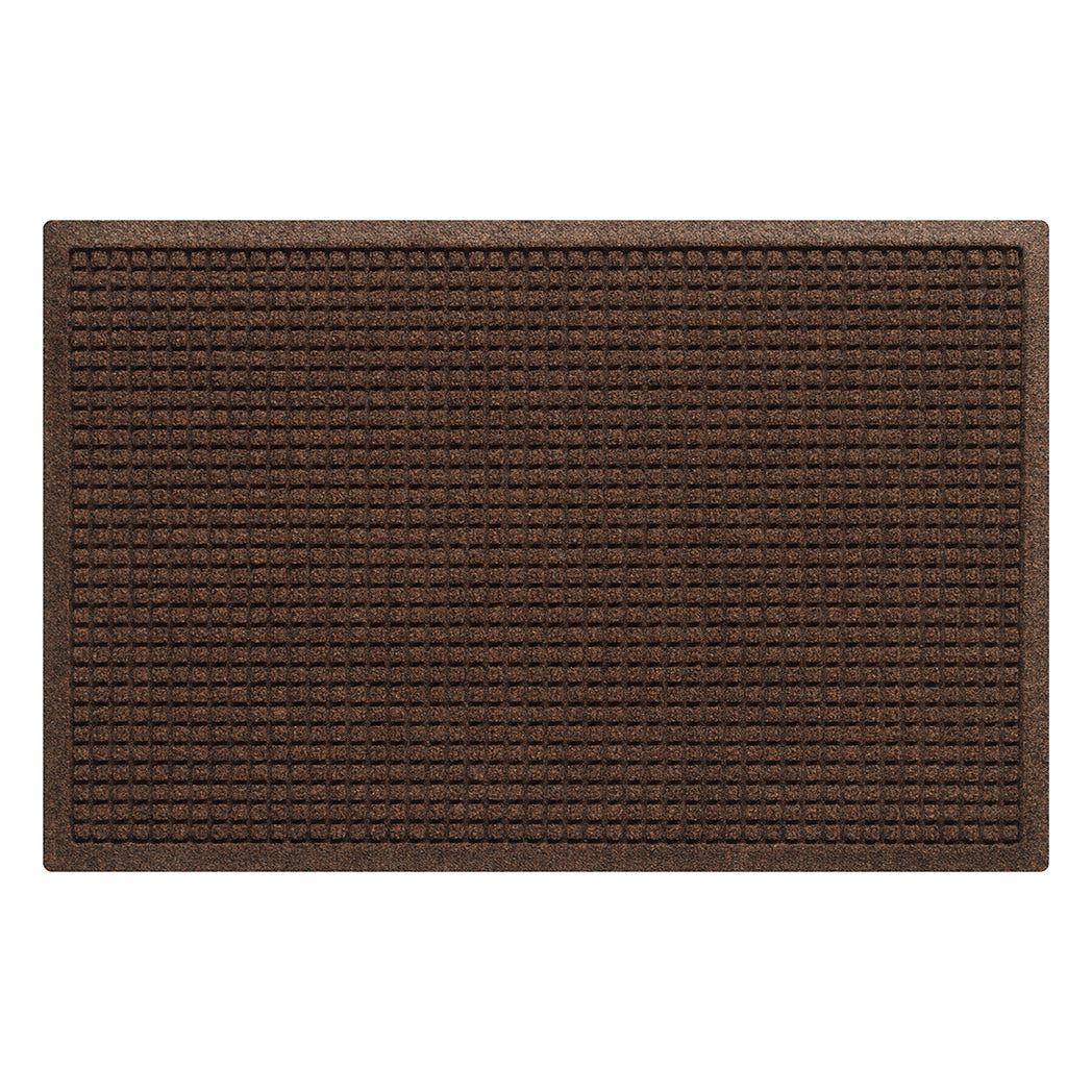 Overhead of a WaterHog medium-sized outdoor doormat in a dark earthy brown surface and uniform grid pattern.