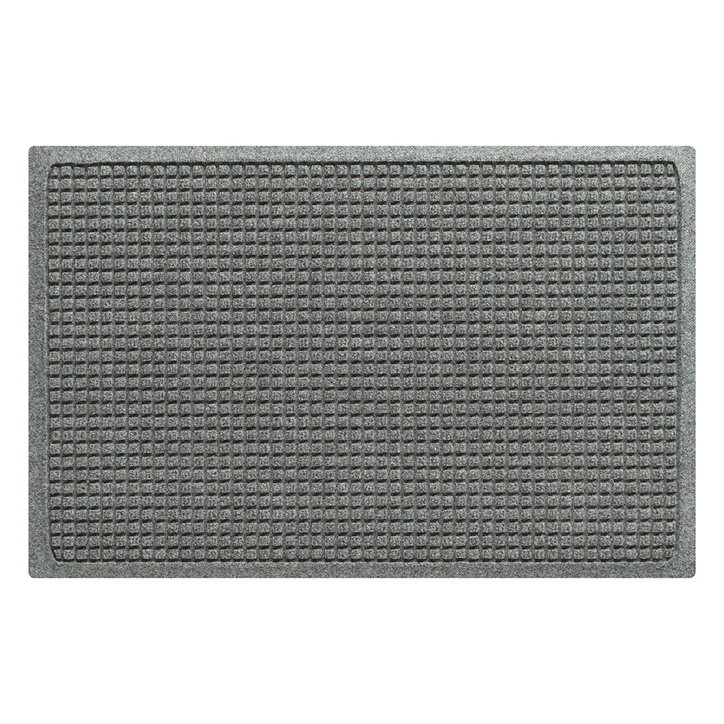 Overhead of a WaterHog traditional Squares, medium-sized doormat in a light grey uniform grid, bi-level pattern.