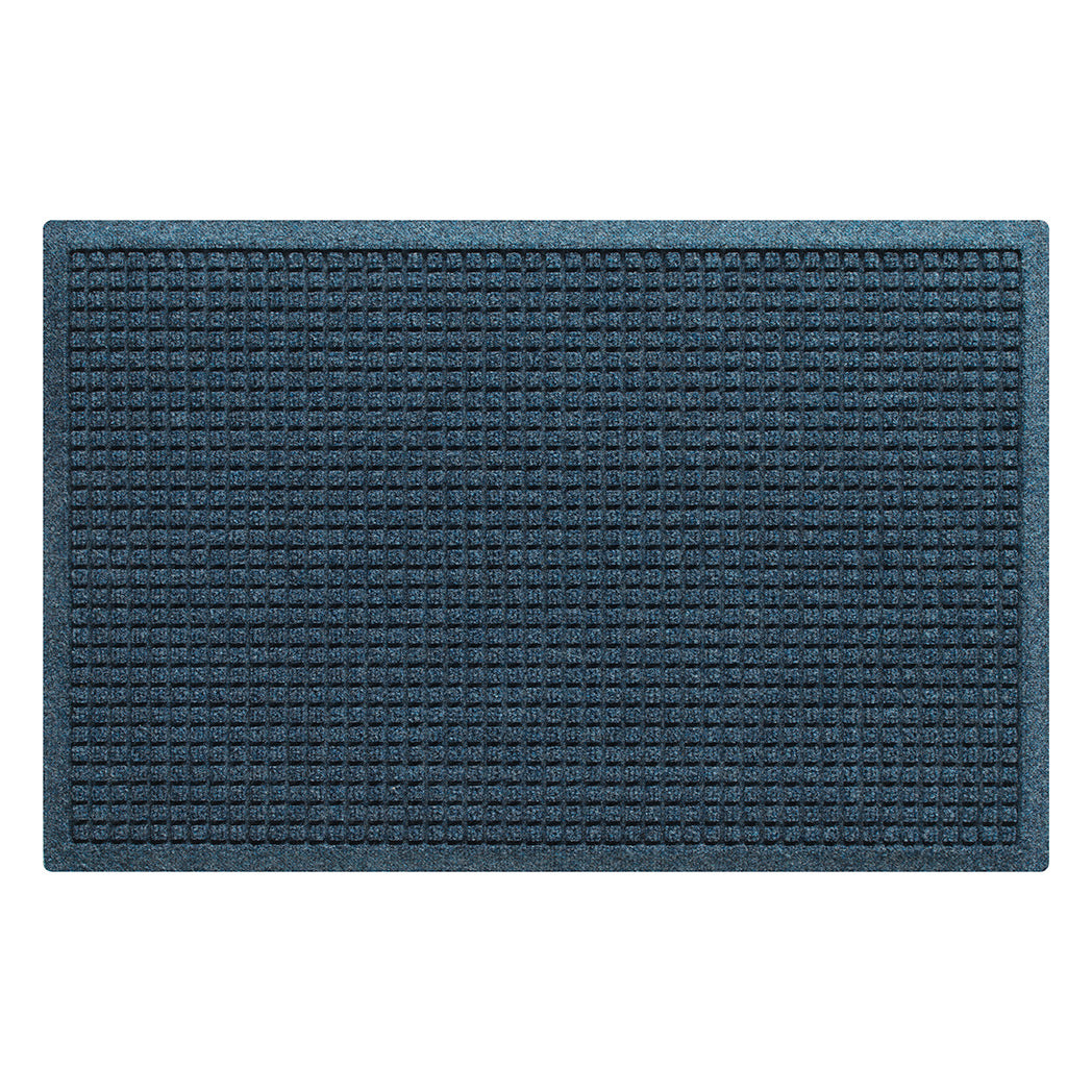 Overhead of a medium Squares WaterHog indoor/outdoor door mat with a relaxed blue uniform grid pattern.