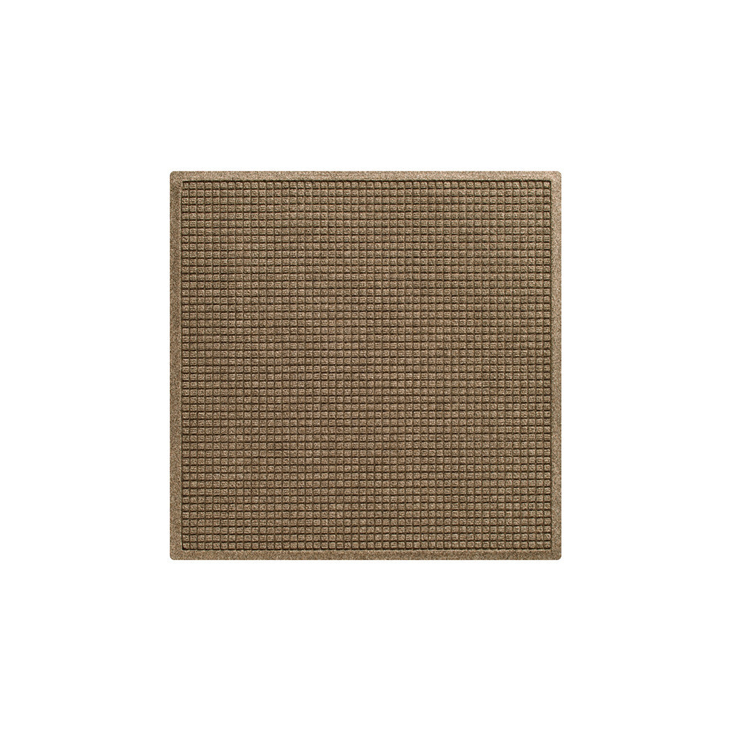 An authentic WaterHog squares indoor/outdoor doormat in 3x3 size, in a light tan color and durable rubber backing.