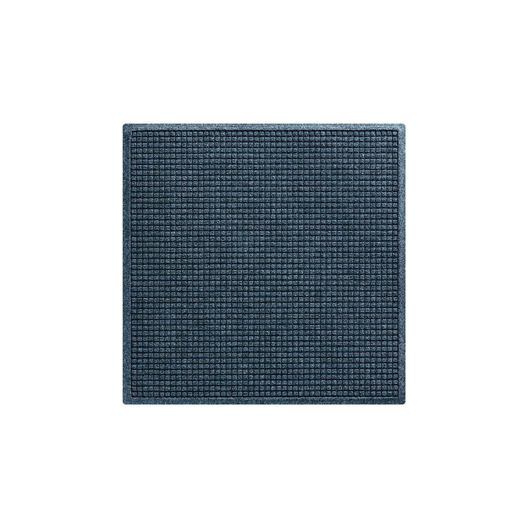 Overhead of a WaterHog Squares indoor/outdoor door mat with a relaxed blue, uniform grid design; an American-made mat.