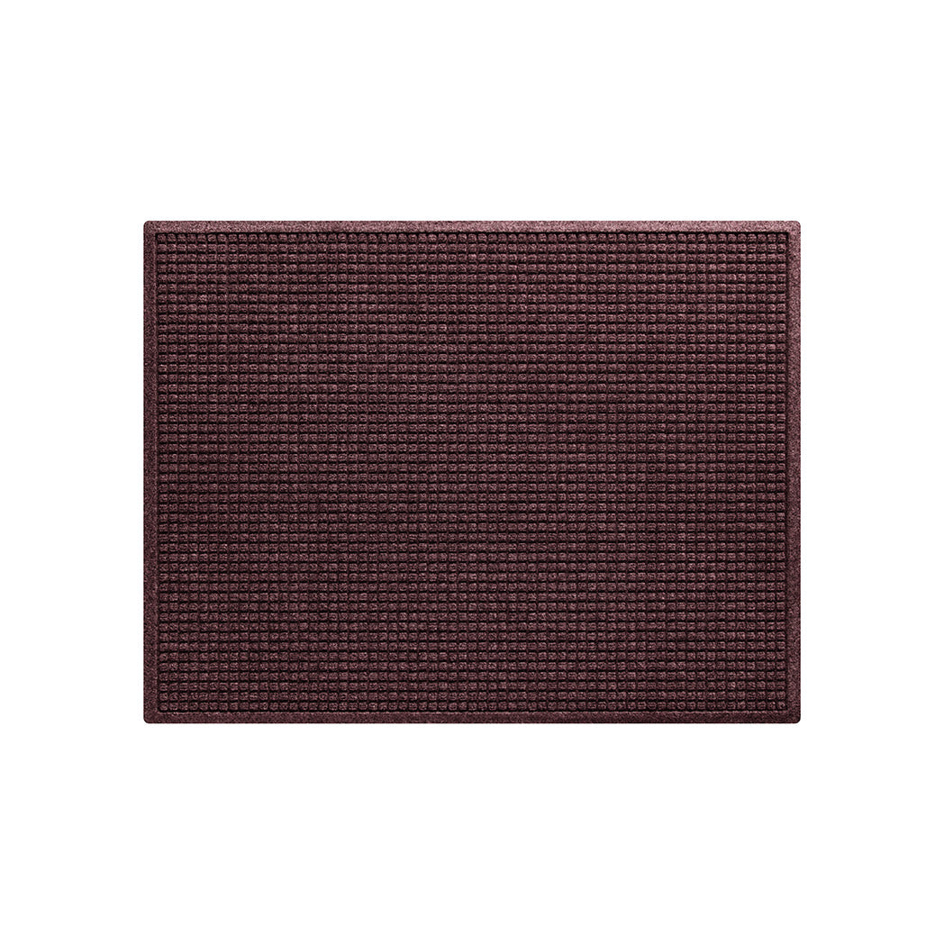 A genuine 3x4 WaterHog Squares outdoor mat with a deep wine red, eco-friendly surface with a grid-like pattern and rubber backing.