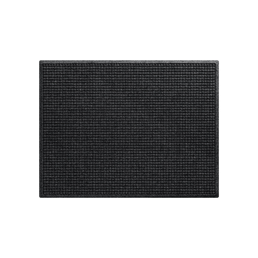 Overhead of a 3x4 deep grey WaterHog Squares indoor/outdoor door mat with a uniform grid-like designed PET bi-level surface; an American-made mat.