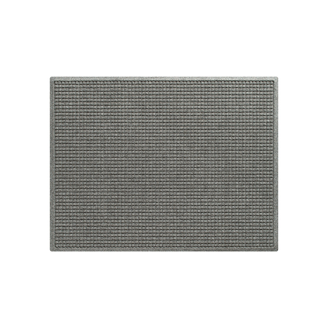 Overhead of a WaterHog traditional Squares, 3x4 doormat in a light grey uniform grid design; an American-made mat.