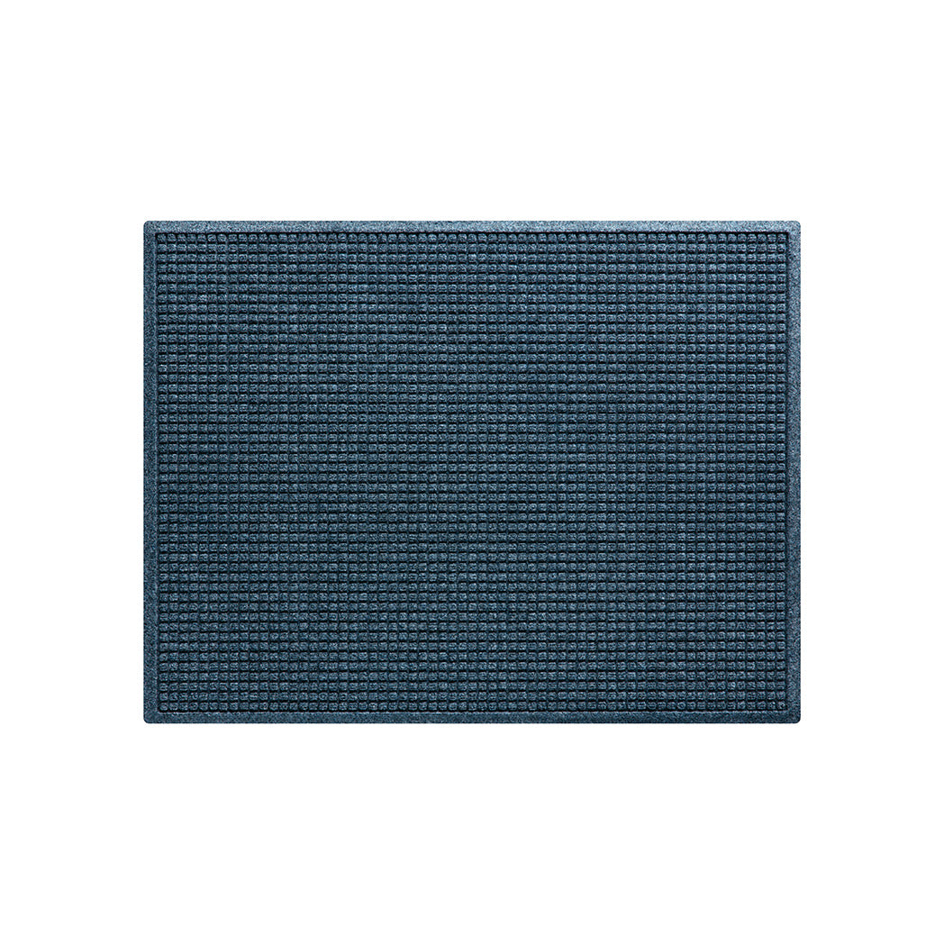 Overhead of a 3x4 WaterHog Squares indoor/outdoor mat with a relaxed blue, eco-friendly surface.