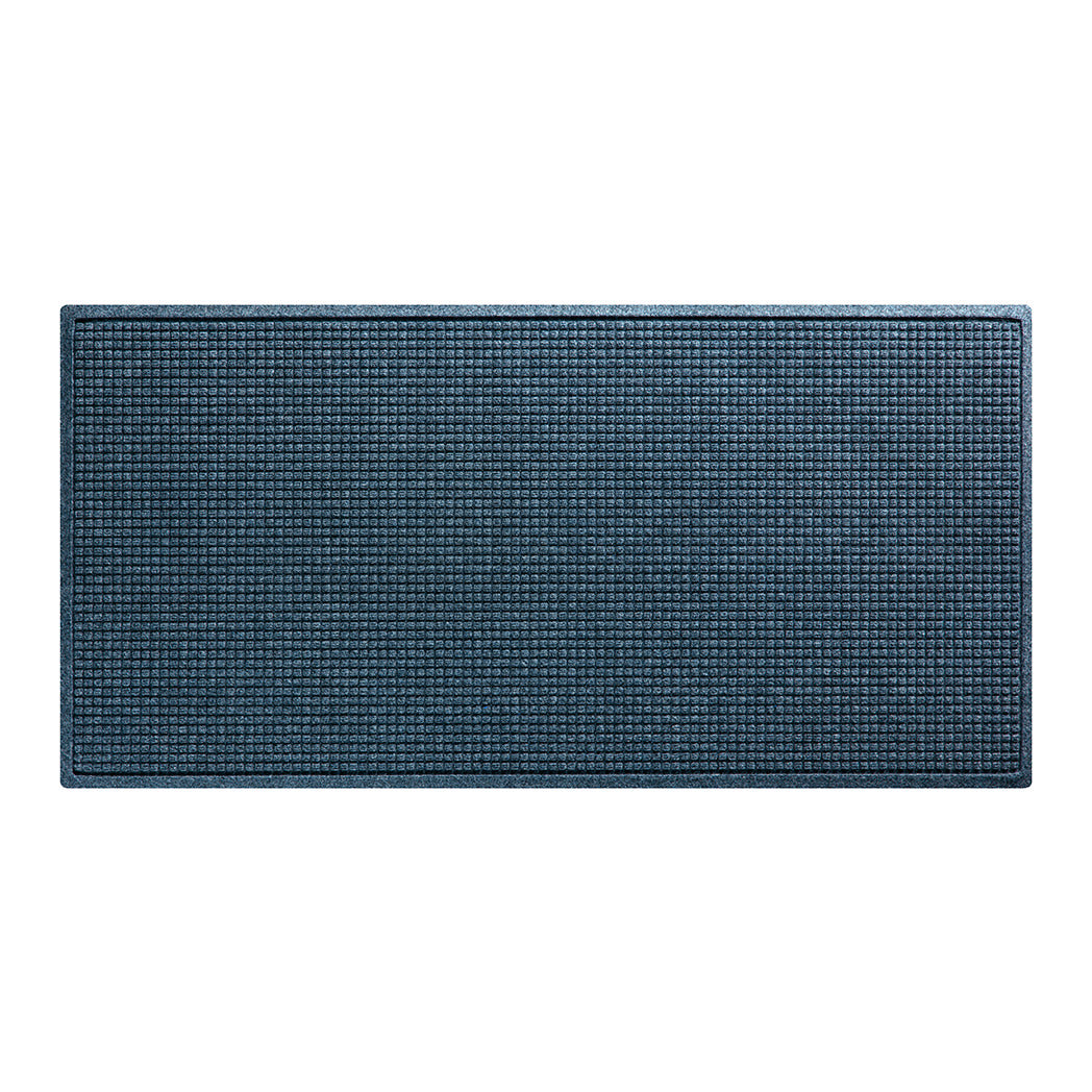 Overhead of a large Squares WaterHog indoor/outdoor door mat with a relaxed blue uniform grid pattern.