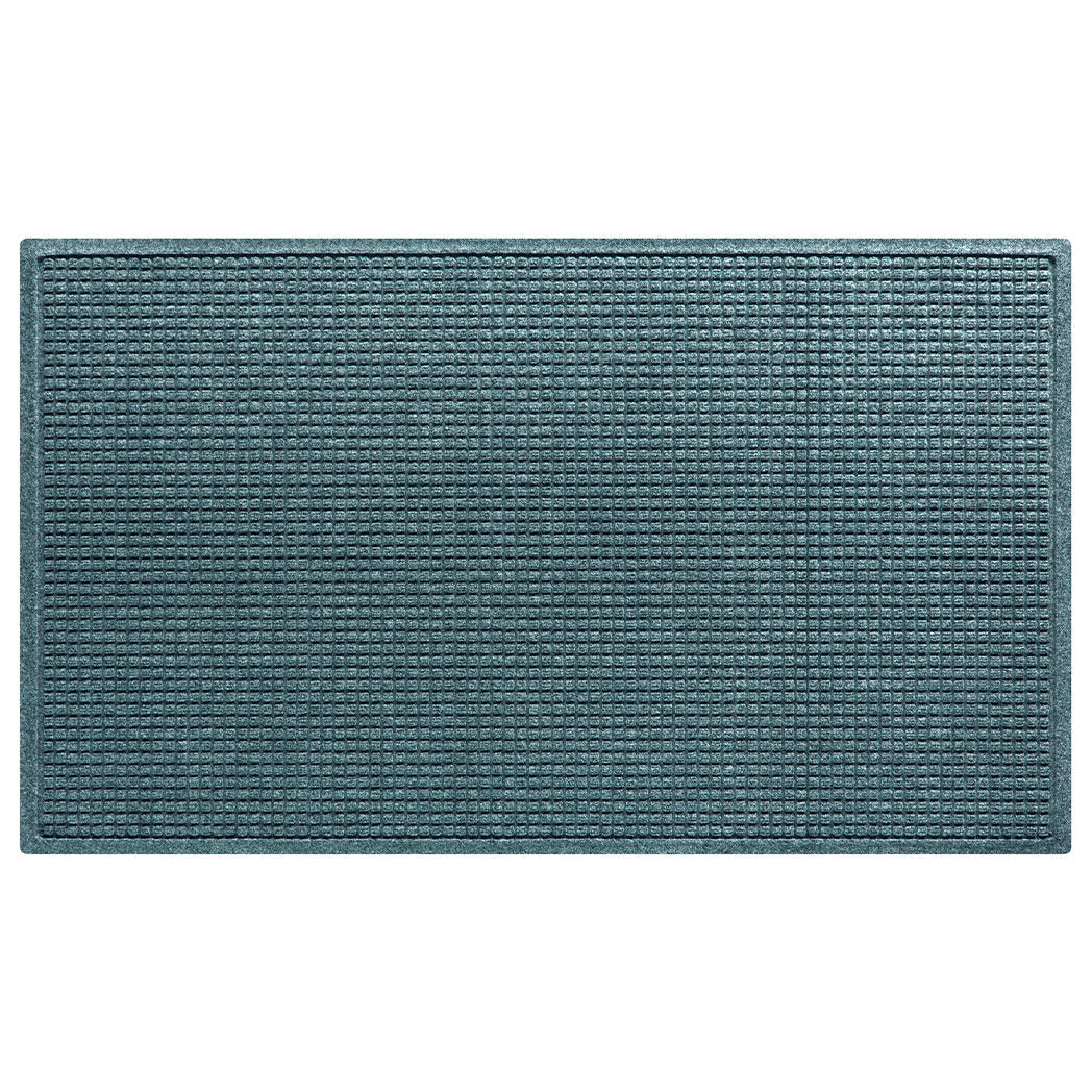 A WaterHog traditional Squares XL outdoor doormat in a light blue/grey, stain-resistant surface.