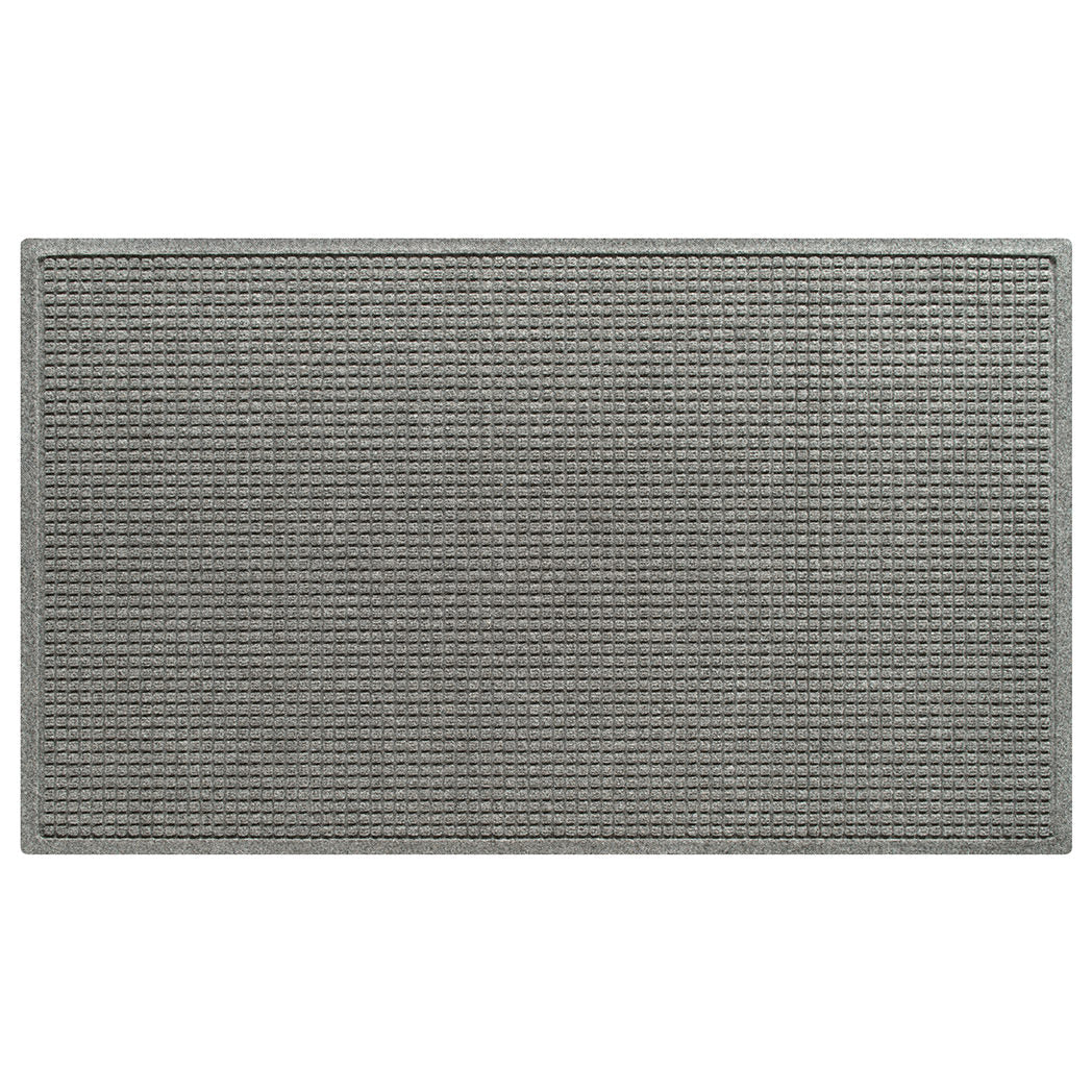 An authentic WaterHog Squares doormat in the extra large size, in a light grey, eco-friendly surface, shown in an overhead view on an all-white background.