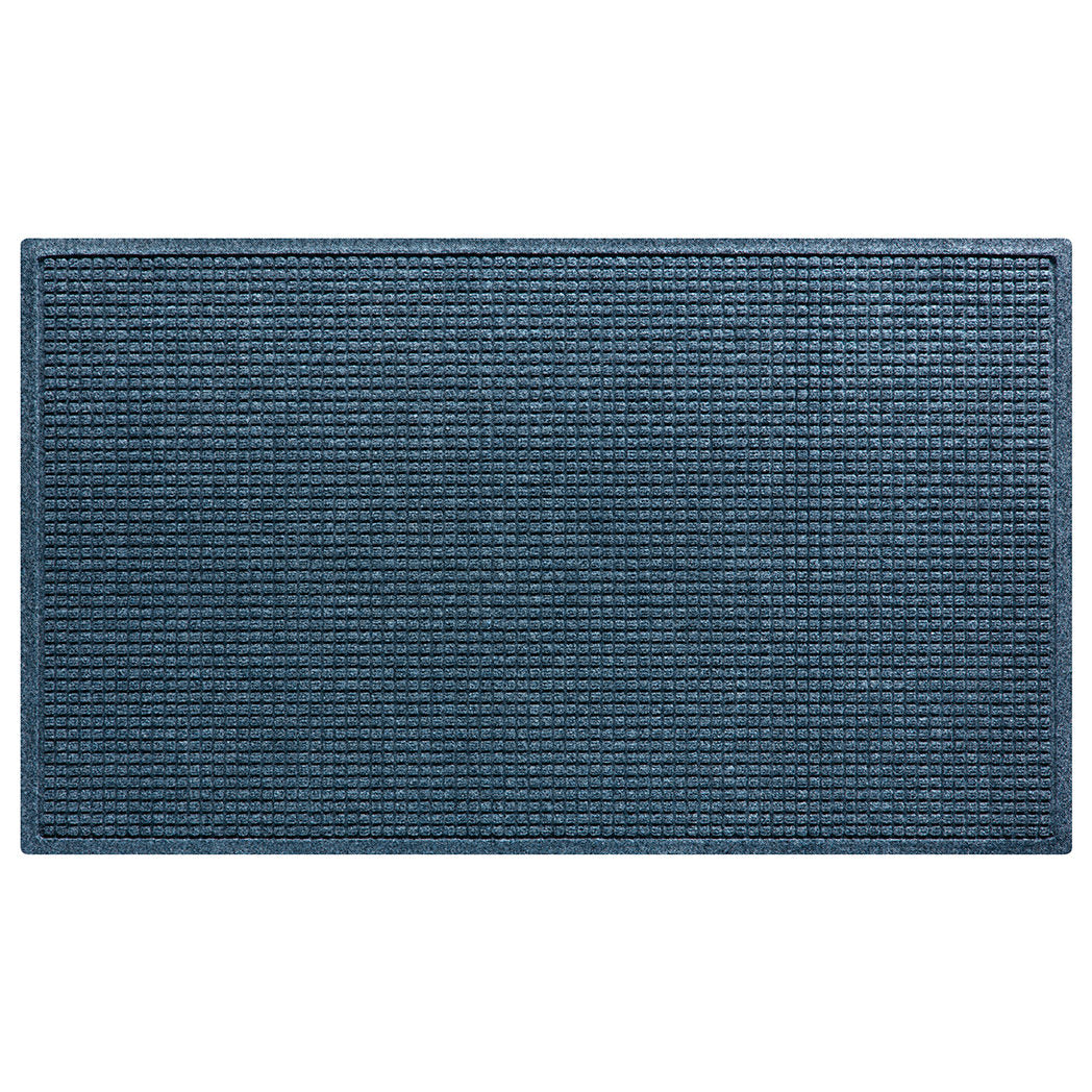 Overhead of a XL Squares WaterHog indoor/outdoor door mat with a relaxed blue fade-resistant surface.