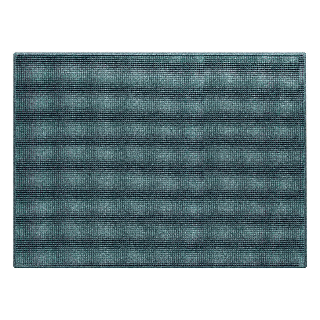 WaterHog  Squares doormat in a 6'x8' size, with a light blue/grey eco-friendly stain-resistant surface and durable rubber backing.