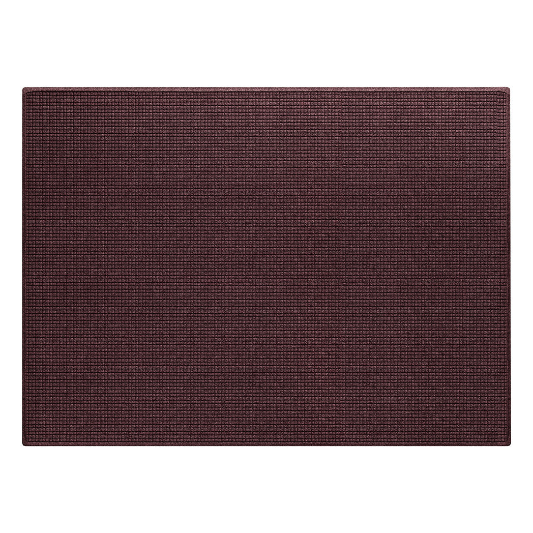 A genuine 6x8 WaterHog Squares outdoor mat with a eco-friendly, deep wine red grid-like PET surface.