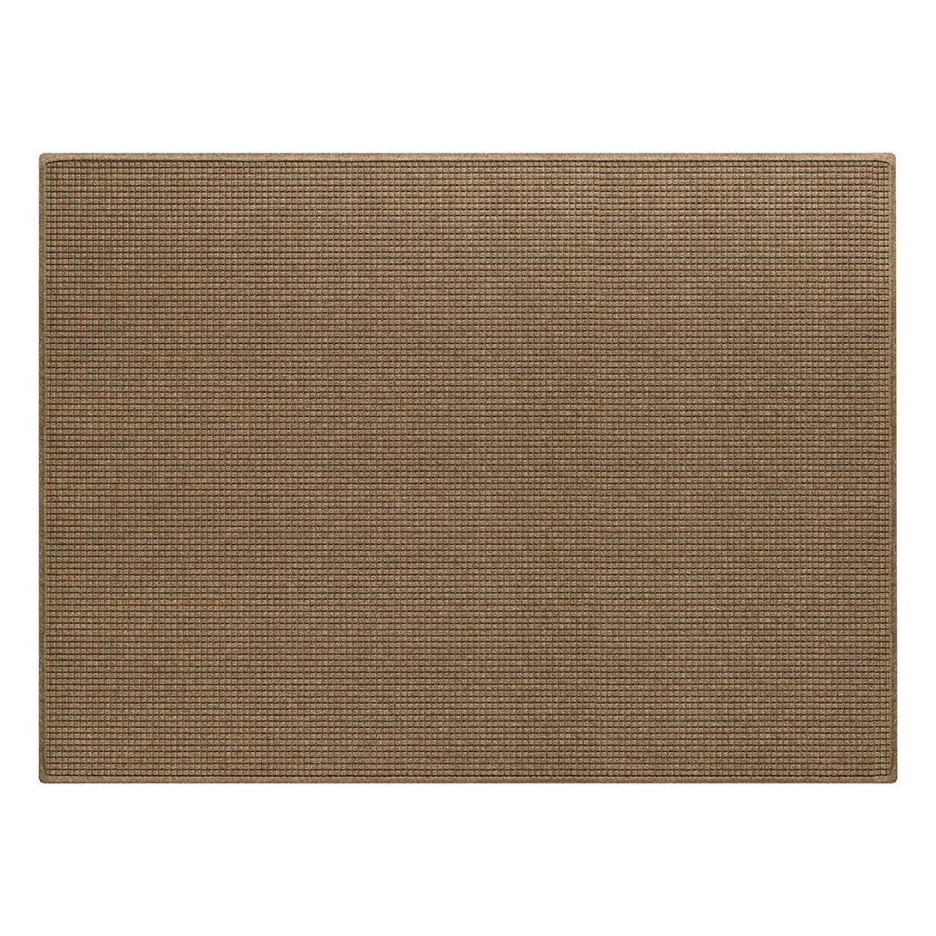 WaterHog traditional Squares outdoor mat in a 6x8 size, with a light tan color PET bi-level surface and durable rubber backing.