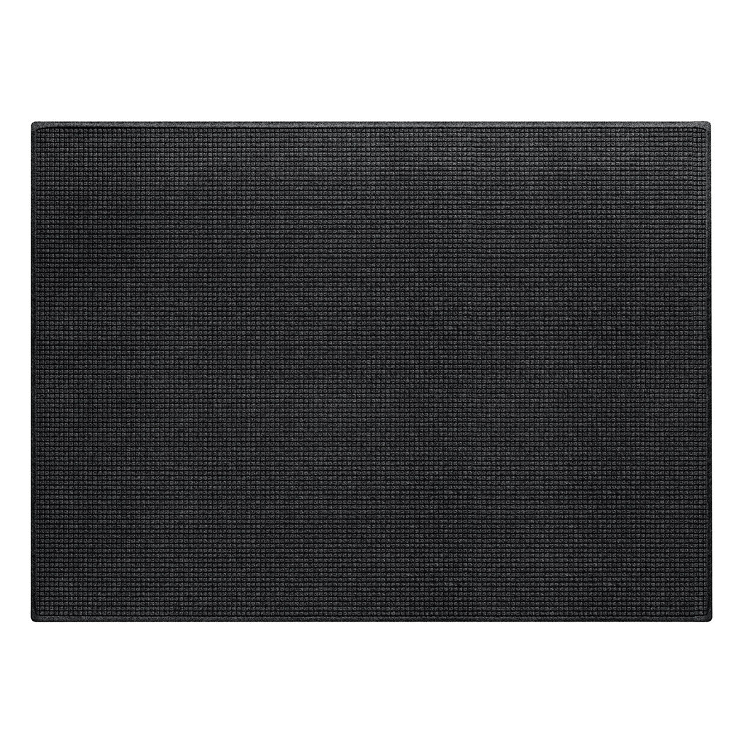 Overhead of a 6x8 WaterHog Squares indoor/outdoor mat with a deep grey, uniform grid design and durable rubber backing; an American-made mat.