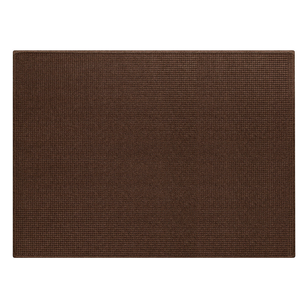 Overhead of a WaterHog 6x8 Squares mat with a dark earthy brown eco-friendly surface and durable rubber backing.