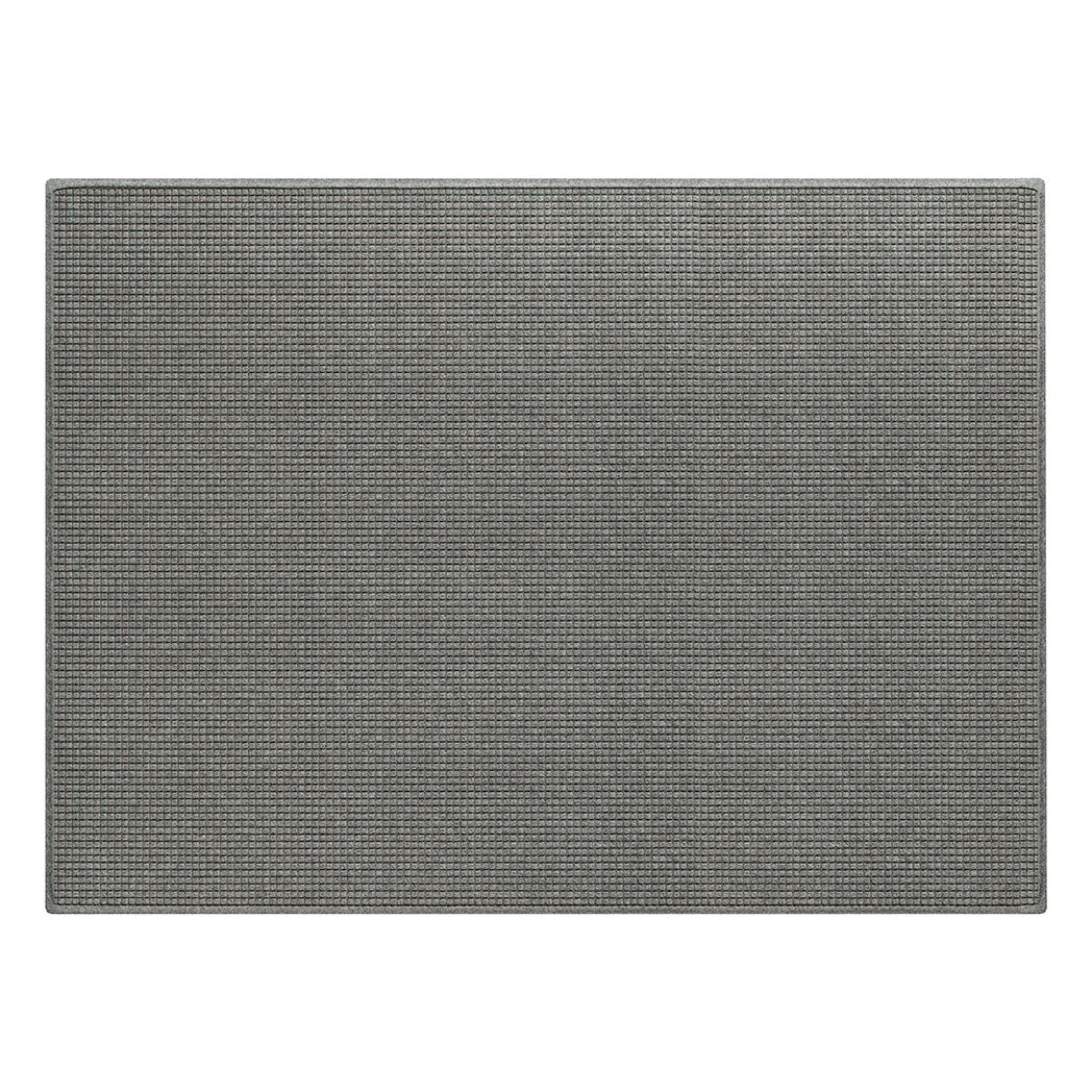 Overhead of a WaterHog traditional Squares, 6x8 doormat in a uniform grid light grey design; an American-made mat.