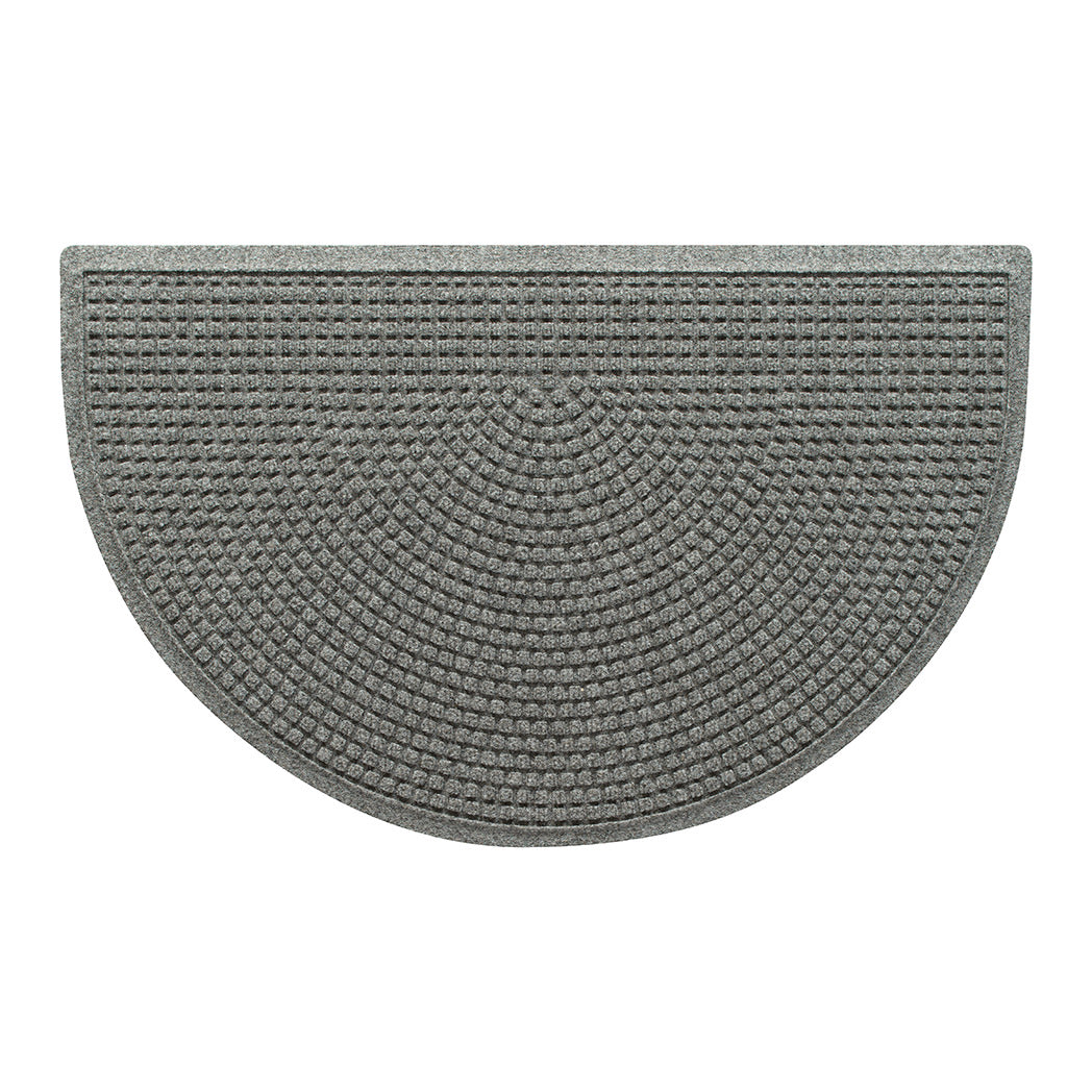 Overhead of a WaterHog Squares half-round doormat with a light grey eco-friendly surface shown on a white background.