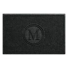 WaterHog Squares modern doormat is monogrammed with the letter M encased in a circle, surrounded by a uniform square grid design, shown in the dark, deep grey.