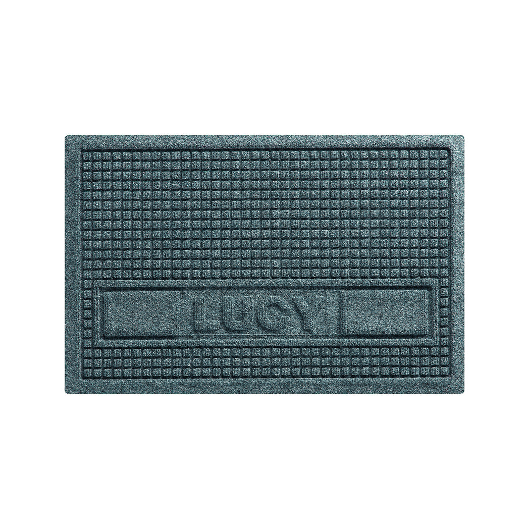 WaterHog Squares 18x28 personalized bowl mat overhead in a light blue/grey, fast-drying surface.