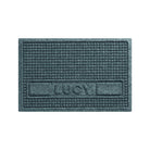 WaterHog Squares 18x28 personalized bowl mat overhead in a light blue/grey, fast-drying surface.