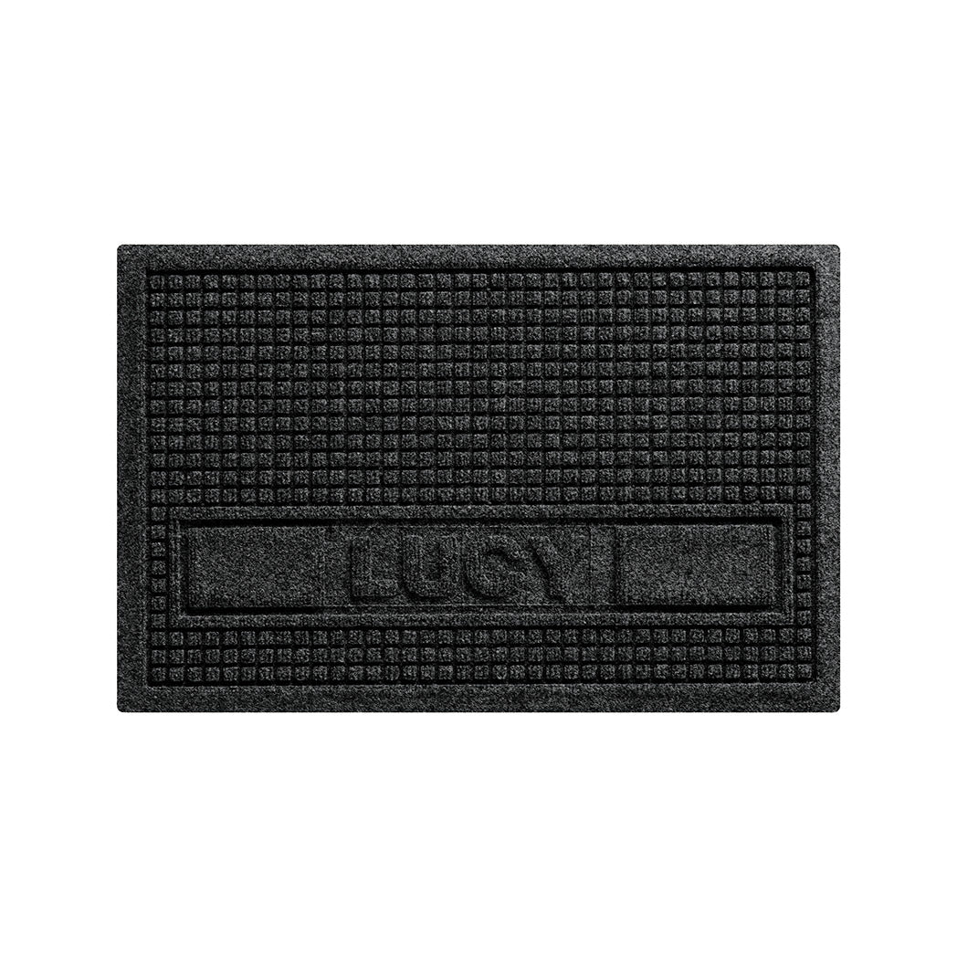 WaterHog Squares medium personalized bowl mat overhead with a deep grey, uniform grid design; an American-made mat.